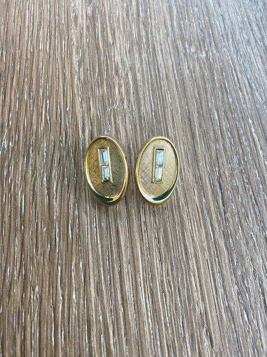 Vintage gold and rhinestone oval cufflink earrings