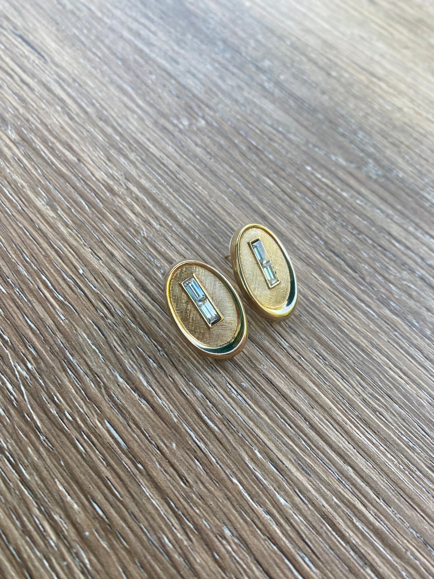 Vintage gold and rhinestone oval cufflink earrings